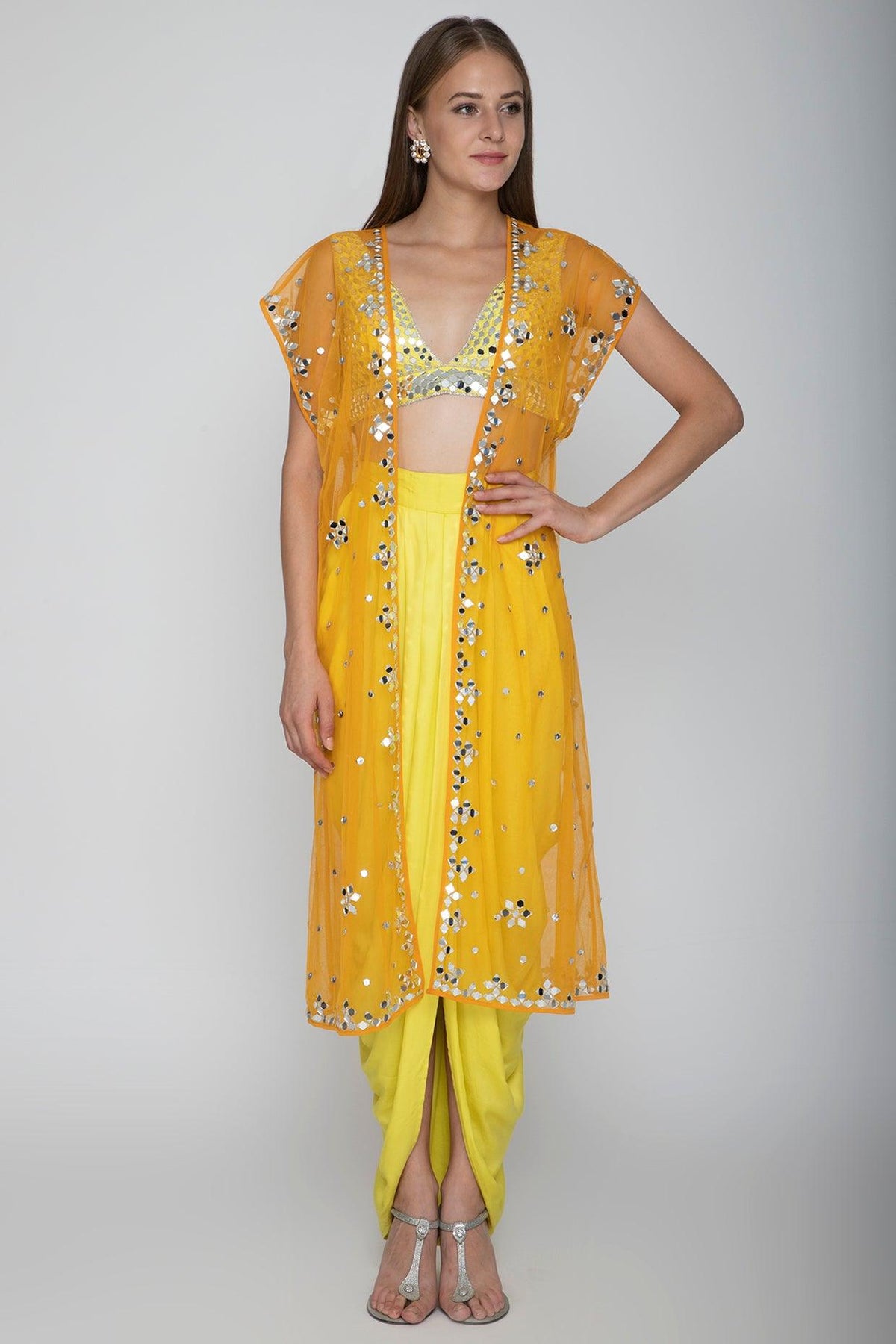 Yellow Embroidered Blouse With Dhoti Skirt & Orange Cape - Preeti s kapoor