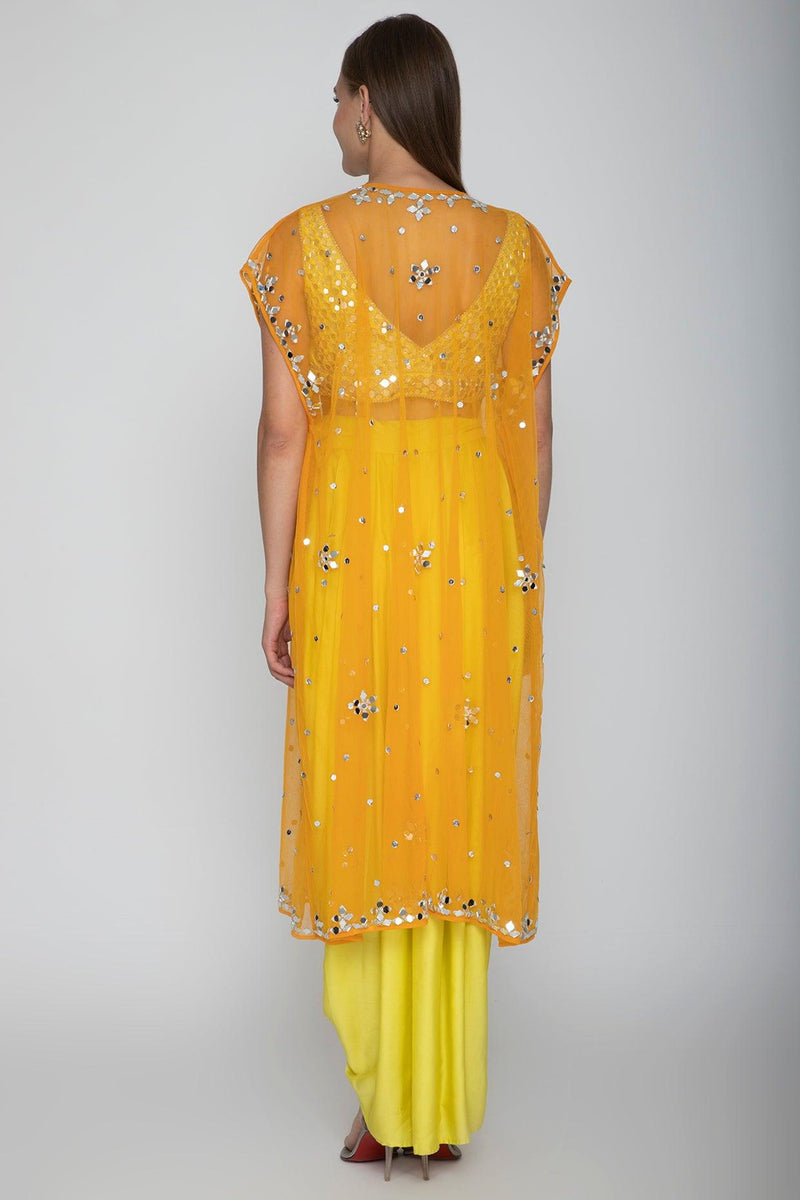 Yellow Embroidered Blouse With Dhoti Skirt & Orange Cape - Preeti s kapoor
