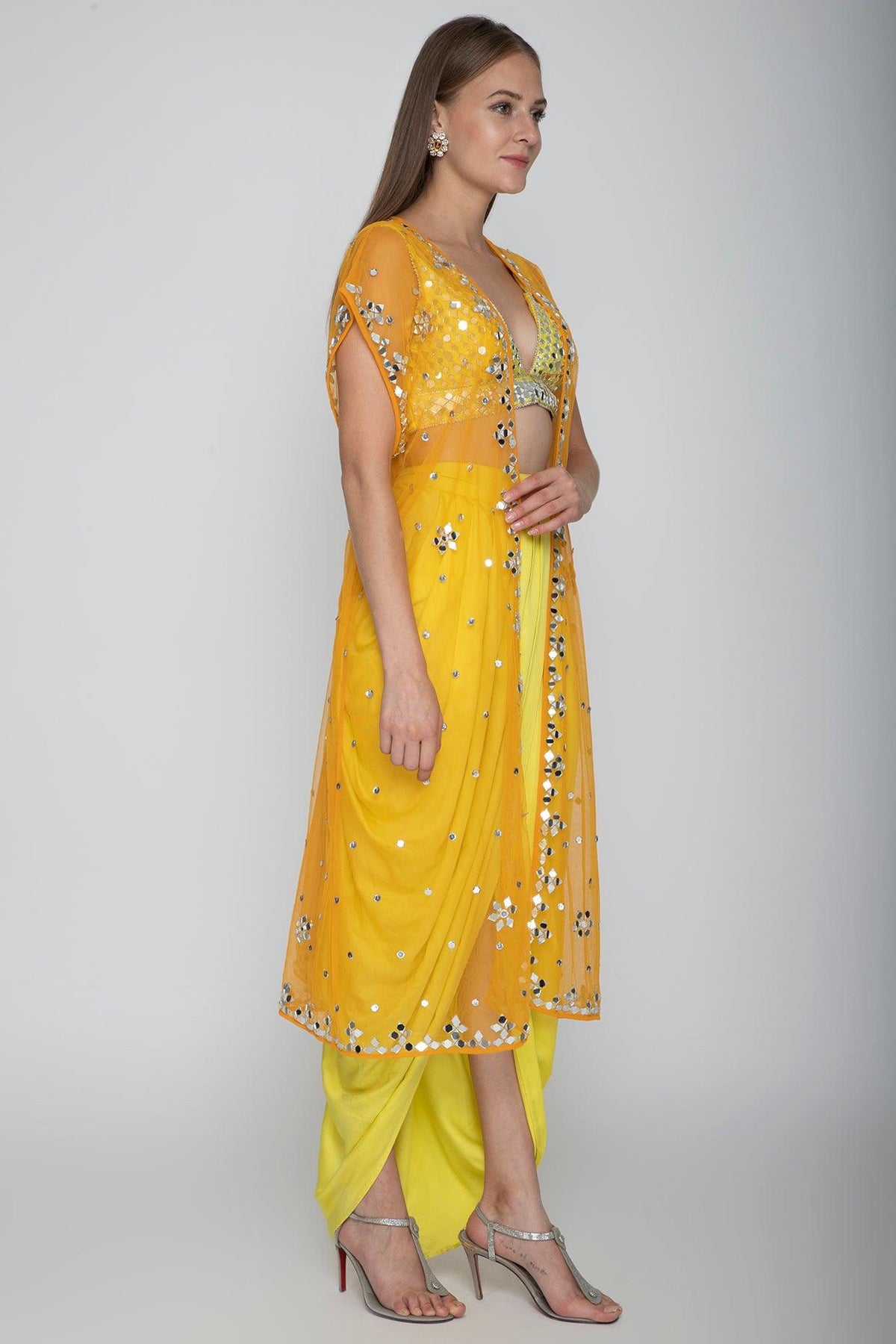 Yellow Embroidered Blouse With Dhoti Skirt & Orange Cape - Preeti s kapoor