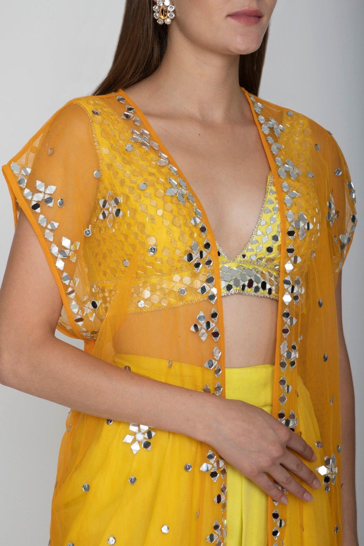 Yellow Embroidered Blouse With Dhoti Skirt & Orange Cape - Preeti s kapoor