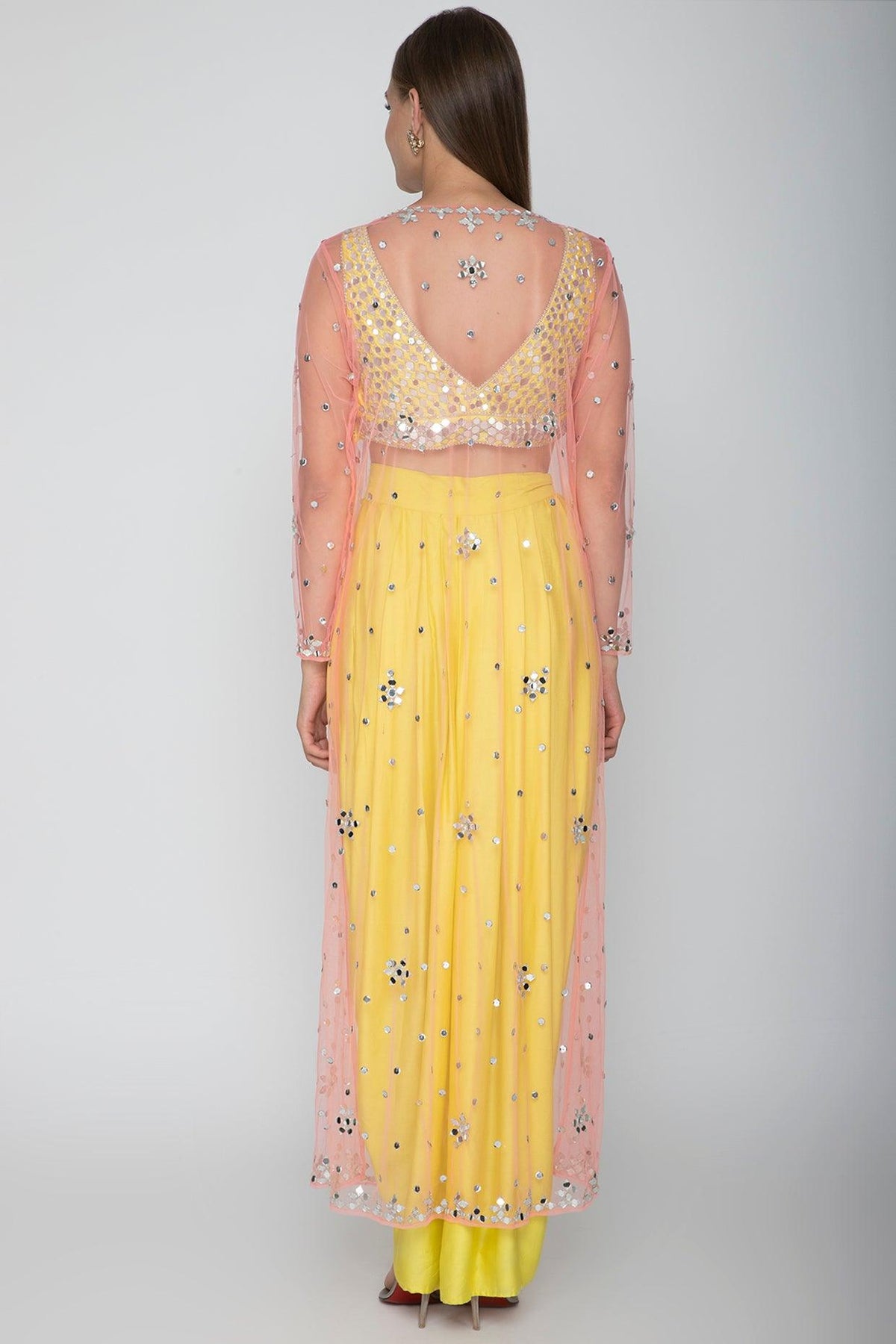 Yellow Embroidered Blouse With Dhoti Skirt & Blush Pink Cape - Preeti s kapoor