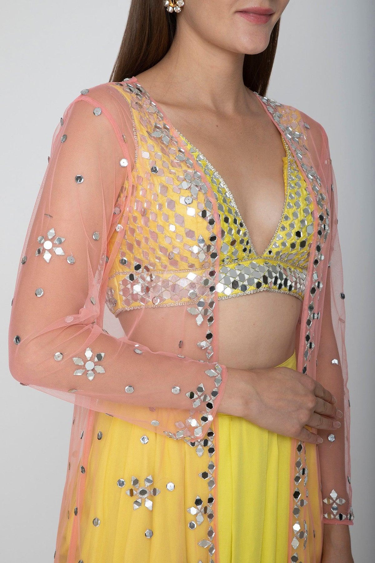 Yellow Embroidered Blouse With Dhoti Skirt & Blush Pink Cape - Preeti s kapoor