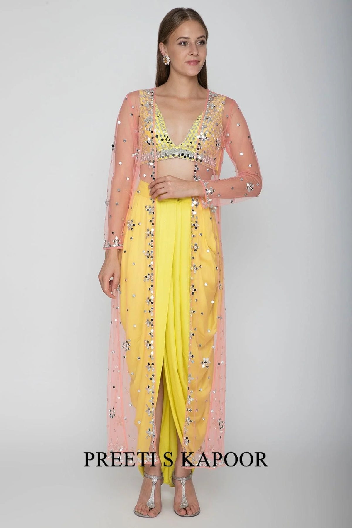 Yellow Embroidered Blouse With Dhoti Skirt & Blush Pink Cape - Preeti S Kapoor