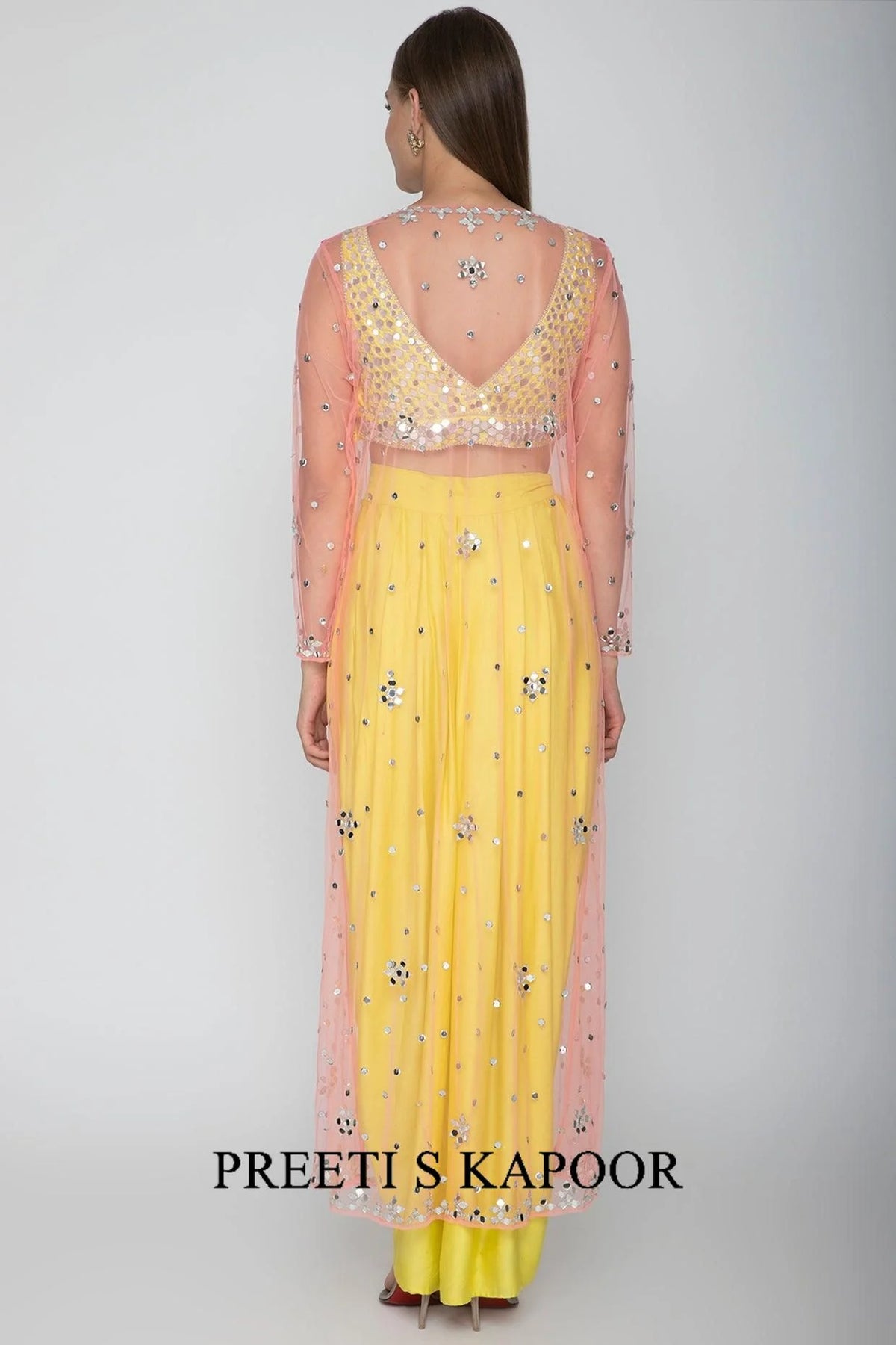 Yellow Embroidered Blouse With Dhoti Skirt & Blush Pink Cape - Preeti S Kapoor