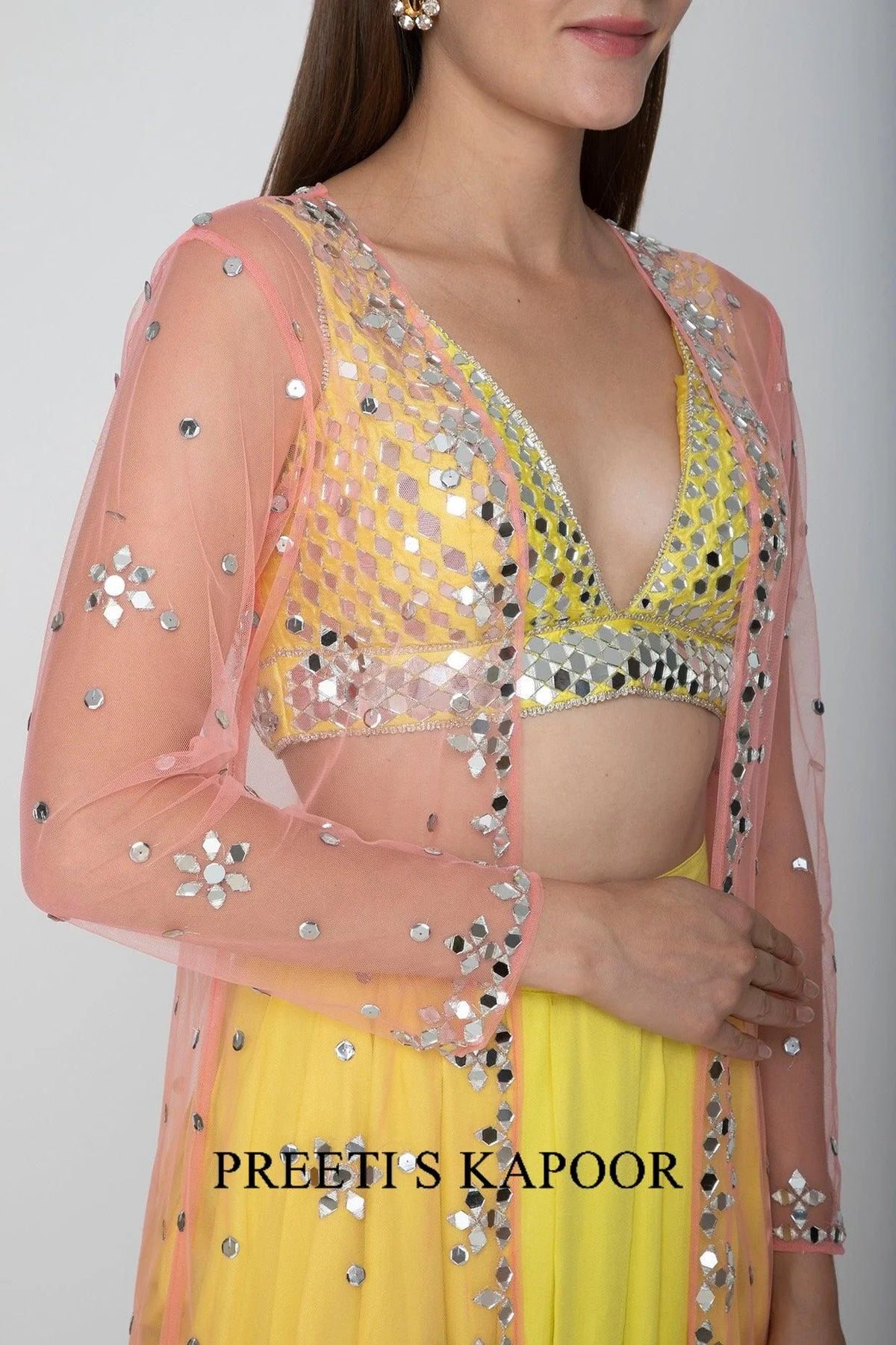 Yellow Embroidered Blouse With Dhoti Skirt & Blush Pink Cape - Preeti S Kapoor