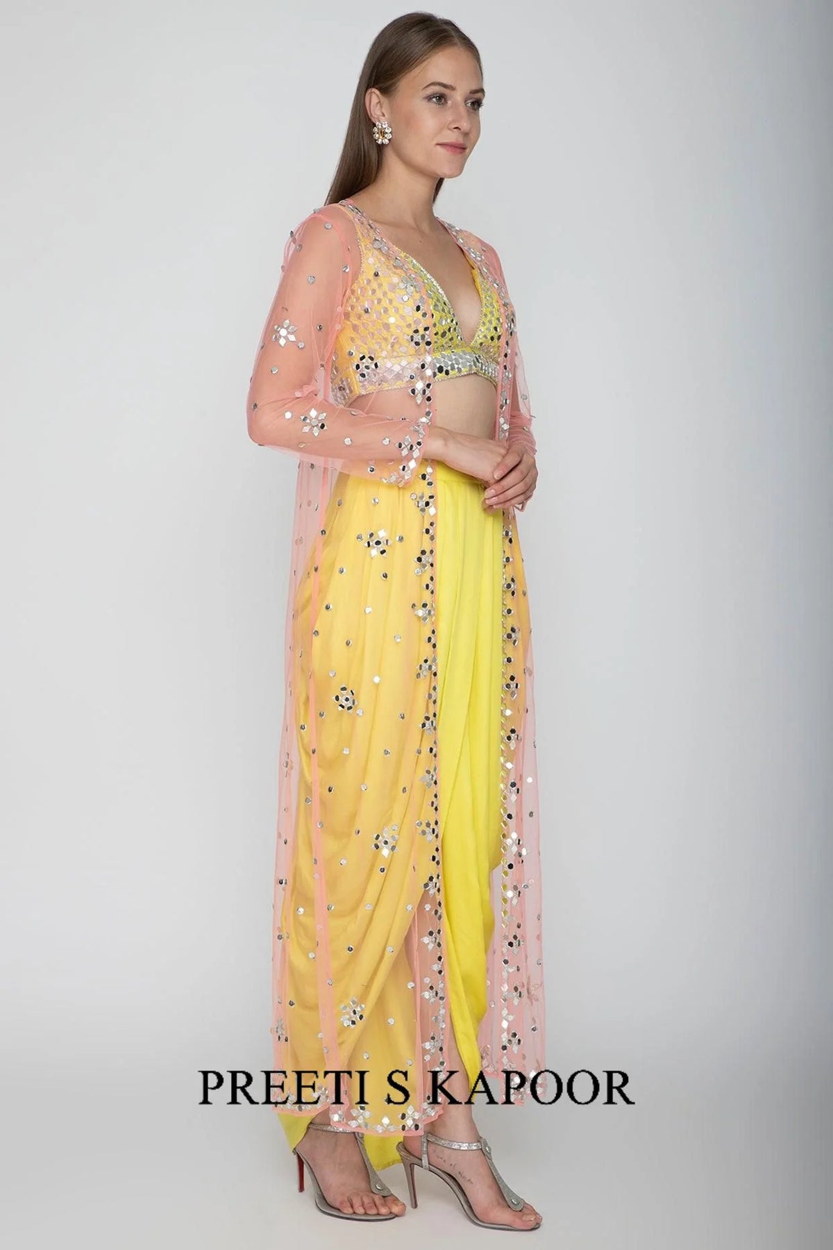 Yellow Embroidered Blouse With Dhoti Skirt & Blush Pink Cape - Preeti S Kapoor