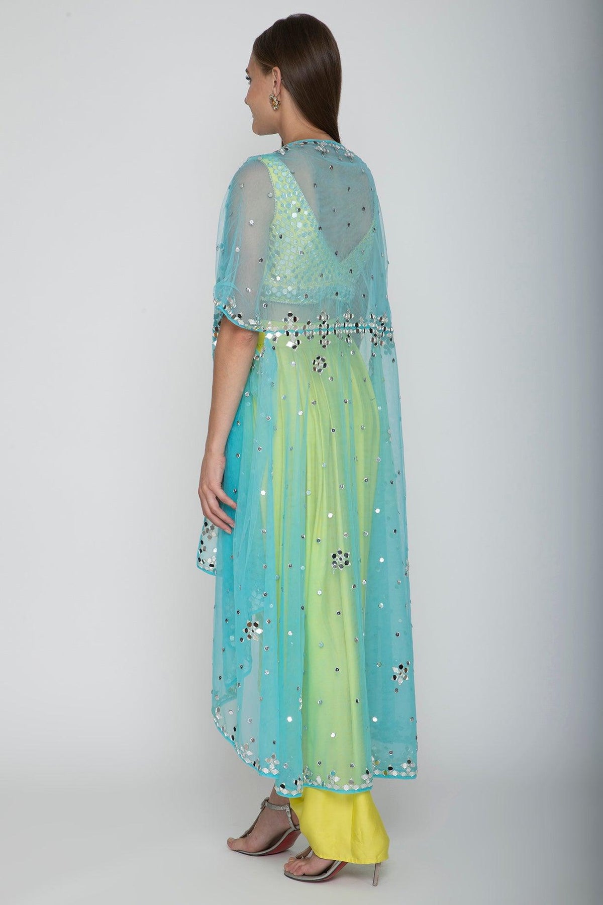 Yellow Embroidered Blouse With Dhoti Skirt & Sky Blue Cape - Preeti s kapoor