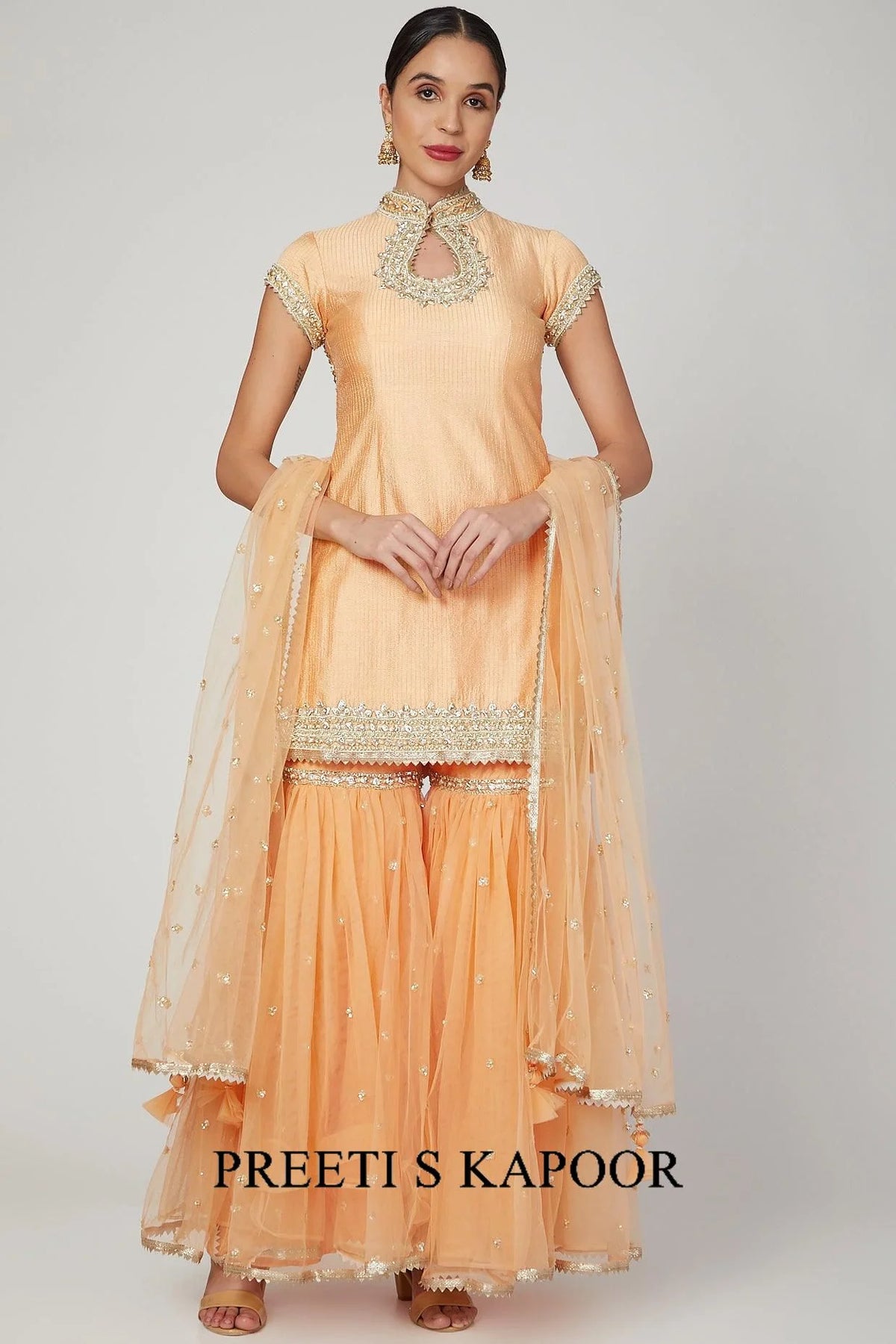 Peach Embroidered & Embellished Gharara Set - Preeti S Kapoor