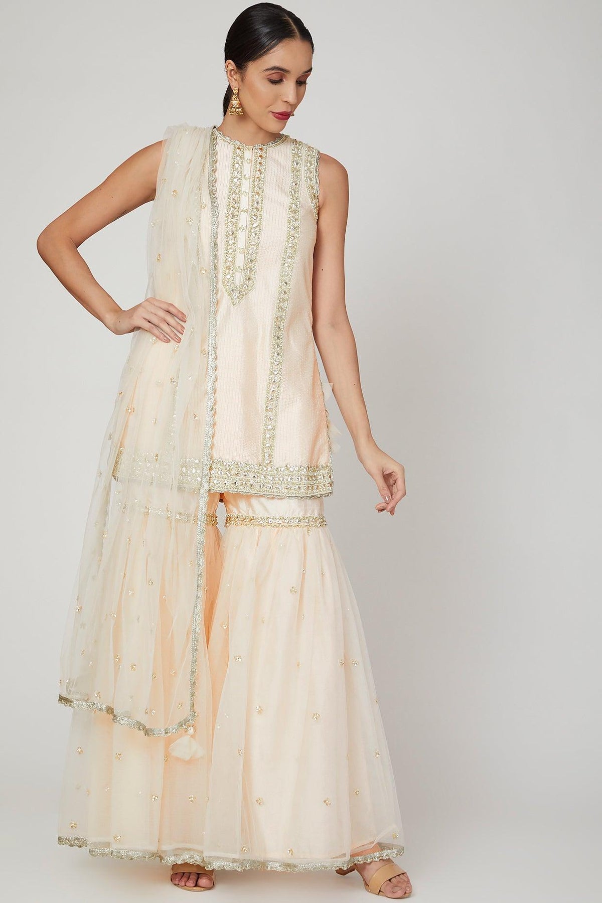 Ivory Gota & Pearl Embroidered Gharara Set - Preeti s kapoor
