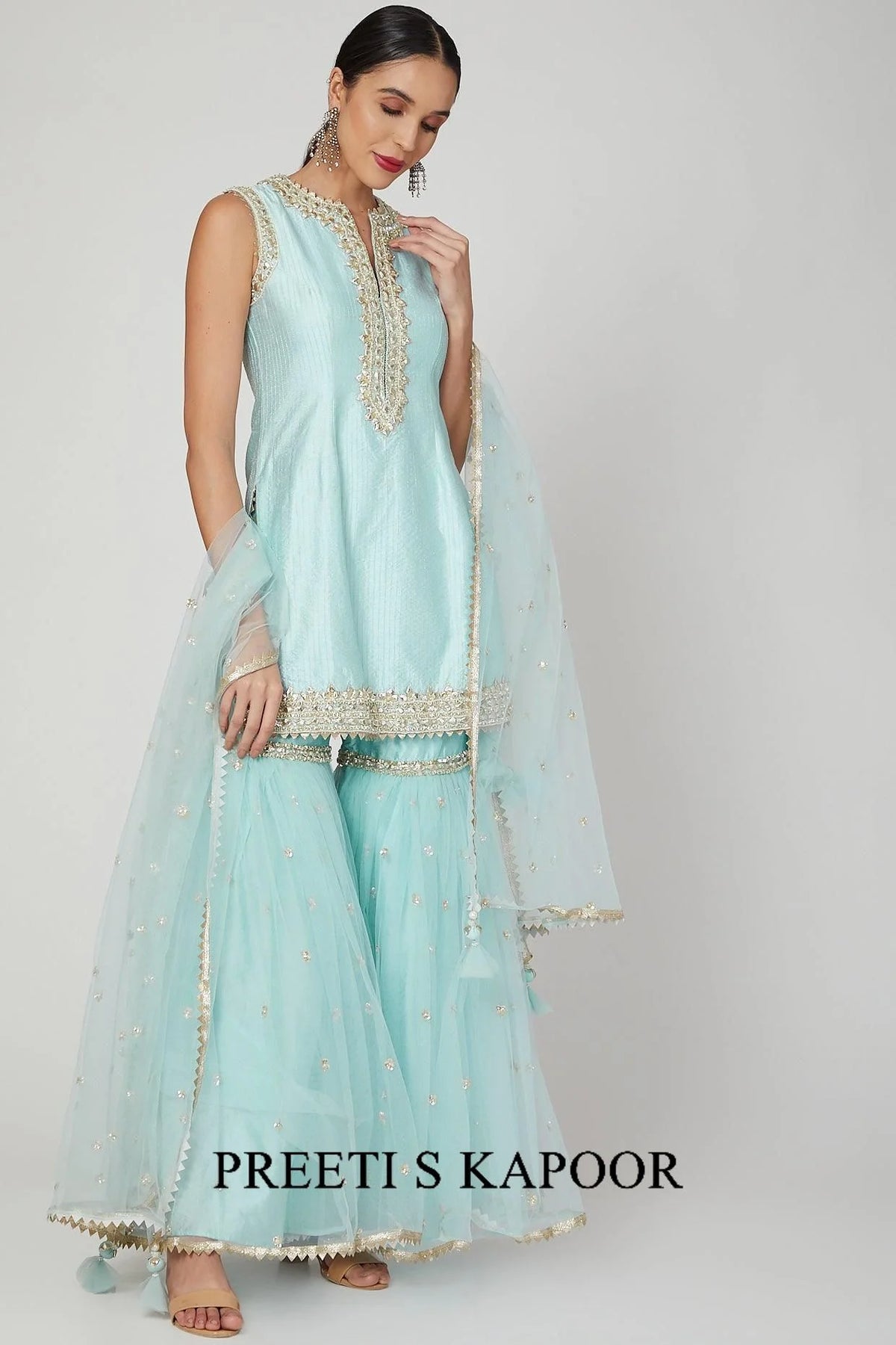 Sky Blue Gota & Pearl Embroidered Gharara Set - Preeti S Kapoor