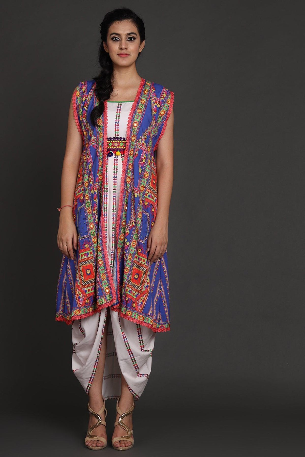 White & Cobalt Blue Embroidered Jacket Set With Belt - Preeti s kapoor