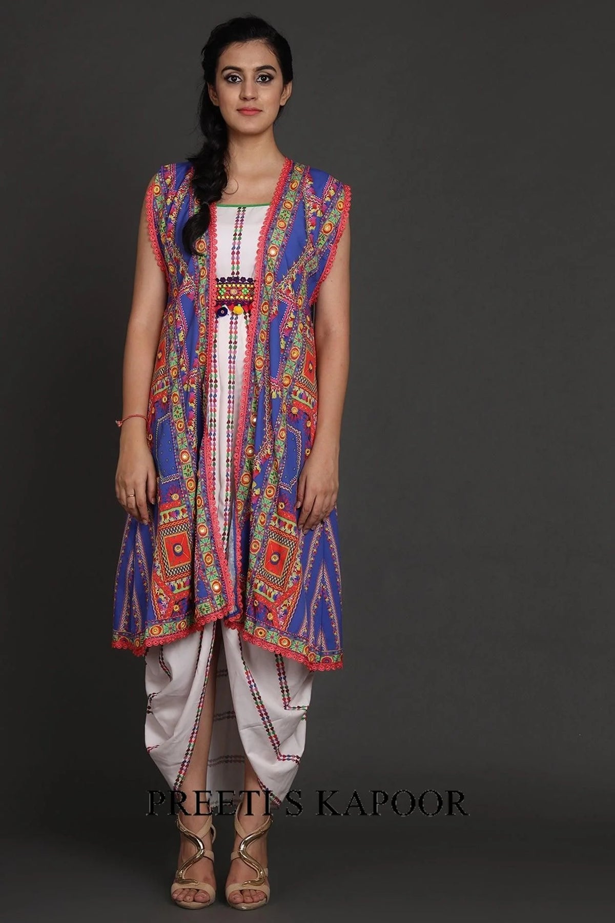 White & Cobalt Blue Embroidered Jacket Set With Belt - Preeti S Kapoor