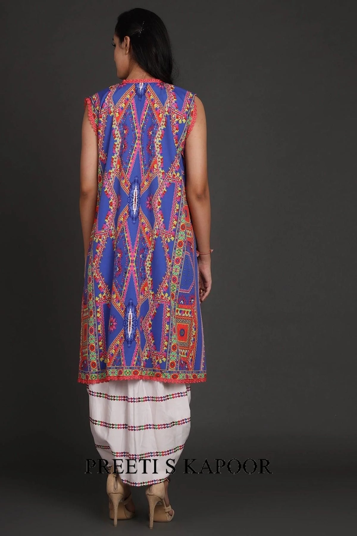 White & Cobalt Blue Embroidered Jacket Set With Belt - Preeti S Kapoor