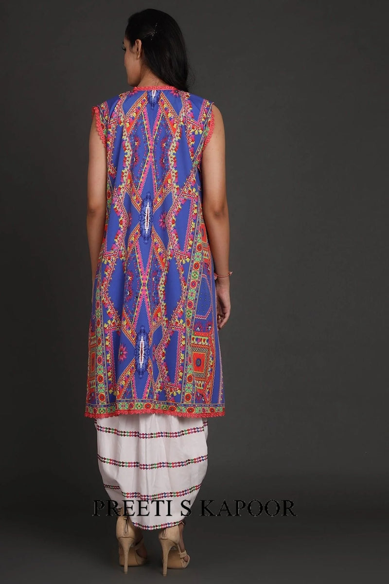 White & Cobalt Blue Embroidered Jacket Set With Belt - Preeti S Kapoor