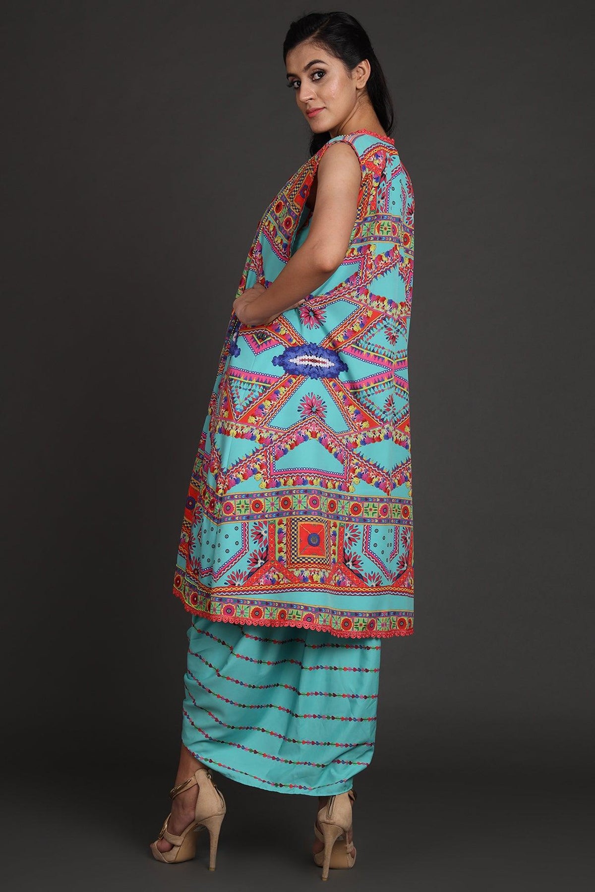 Turquoise Printed & Embroidered Jacket Set With Belt - Preeti s kapoor