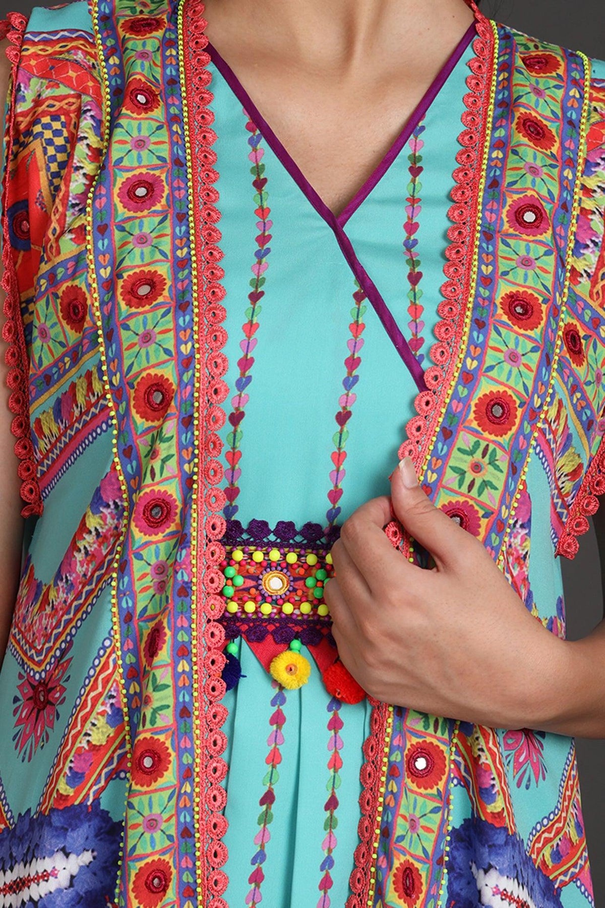 Turquoise Printed & Embroidered Jacket Set With Belt - Preeti s kapoor