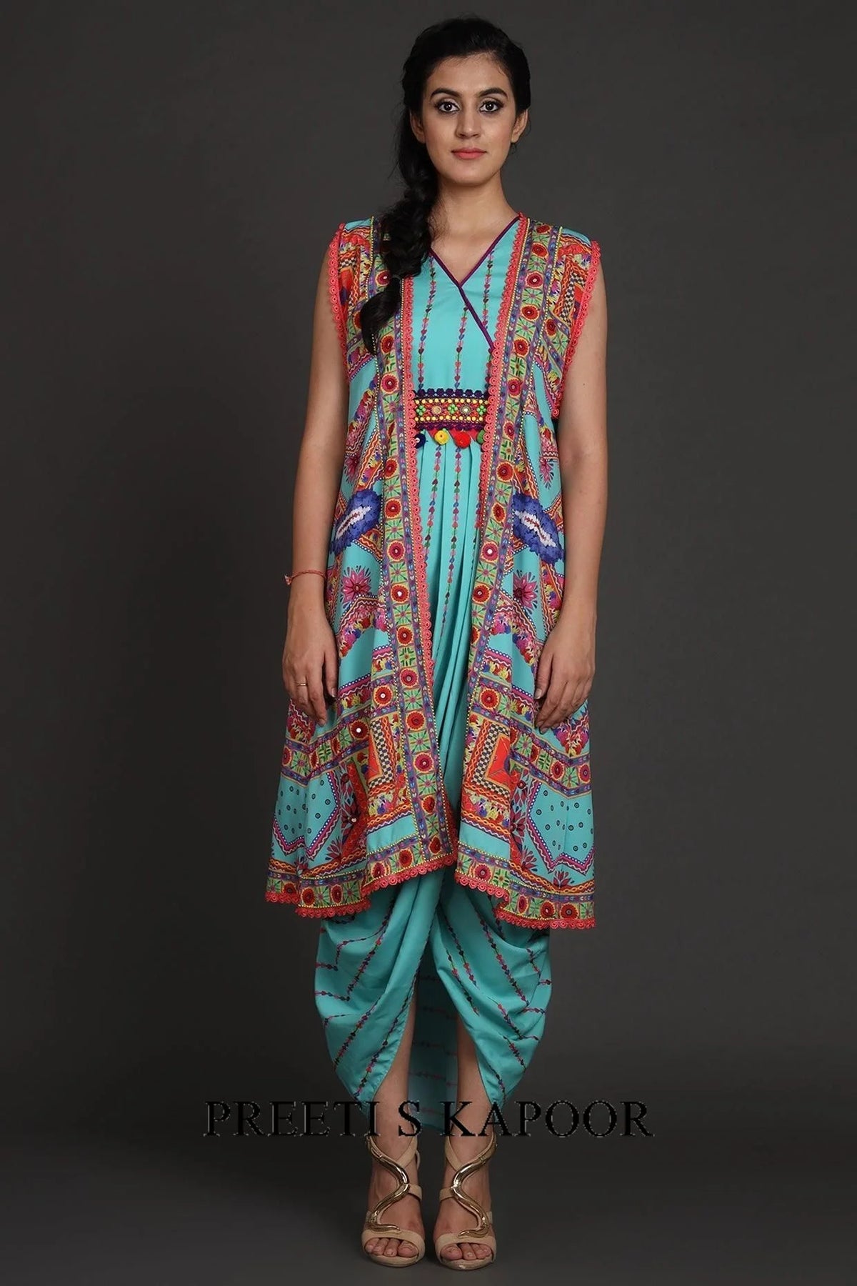 Turquoise Printed & Embroidered Jacket Set With Belt - Preeti S Kapoor