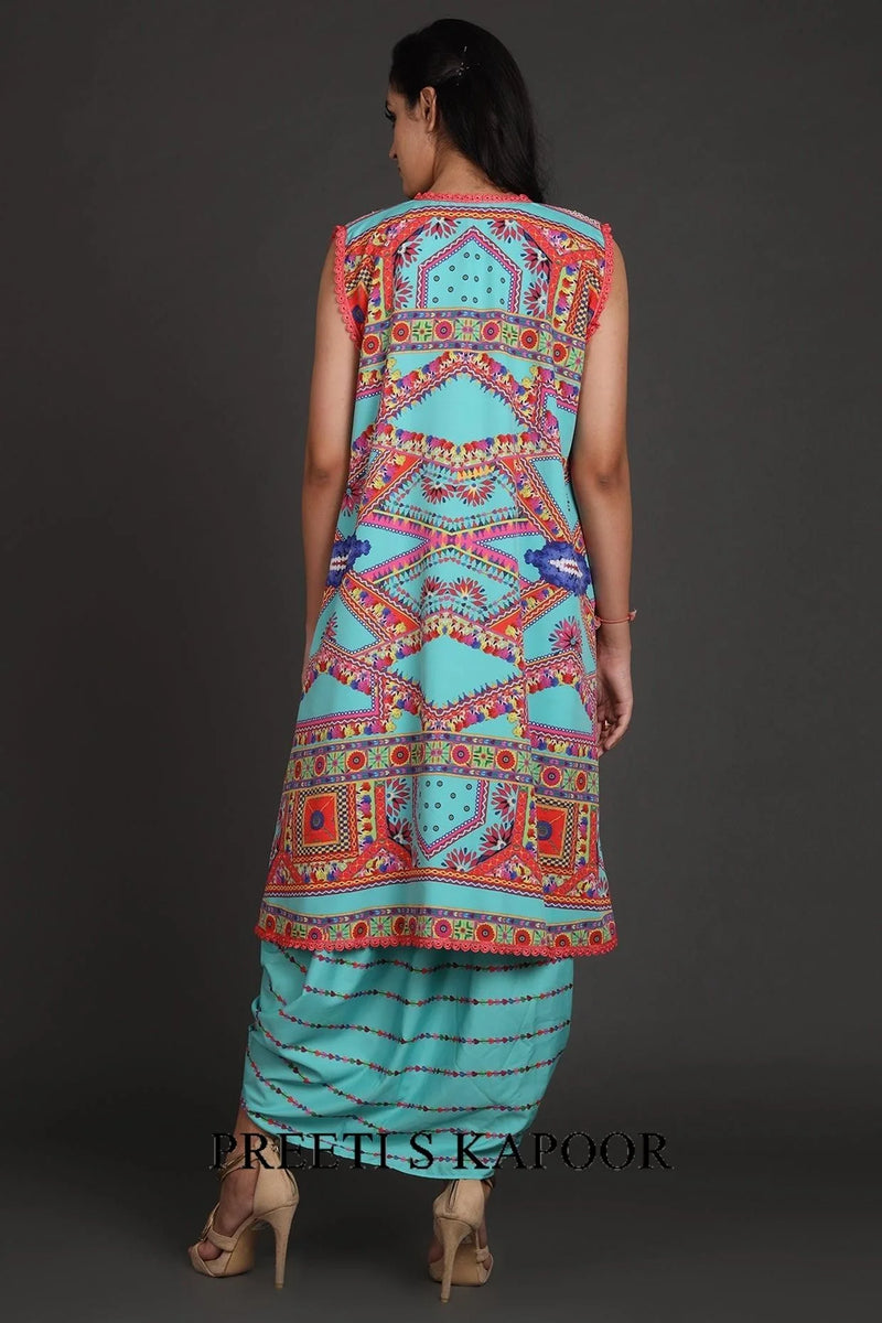 Turquoise Printed & Embroidered Jacket Set With Belt - Preeti S Kapoor