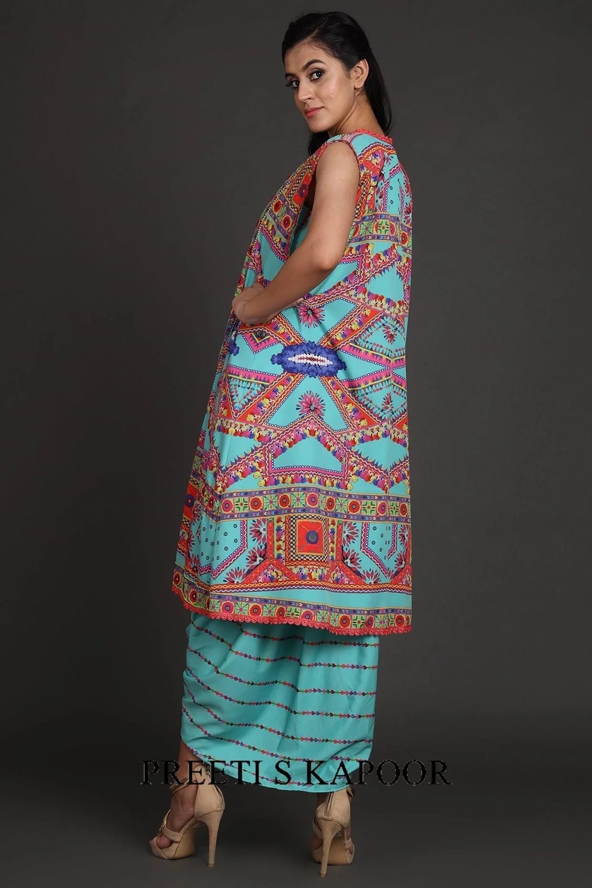 Turquoise Printed & Embroidered Jacket Set With Belt - Preeti S Kapoor
