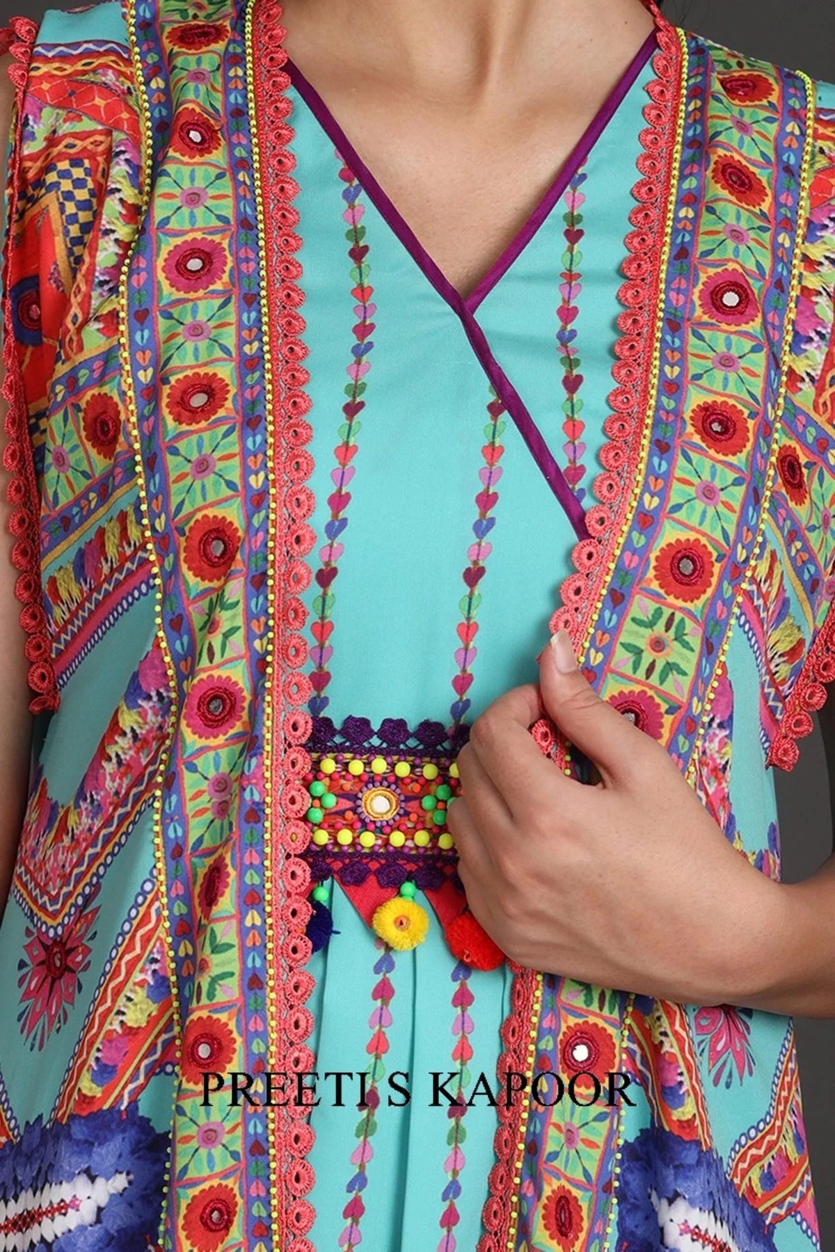 Turquoise Printed & Embroidered Jacket Set With Belt - Preeti S Kapoor
