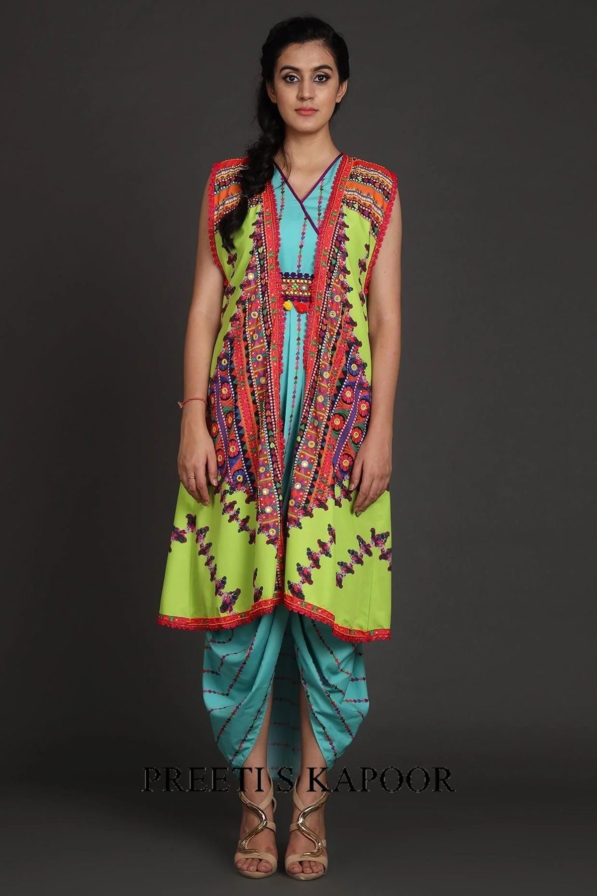 Turquoise & Green Printed Jacket Set With Belt - Preeti S Kapoor
