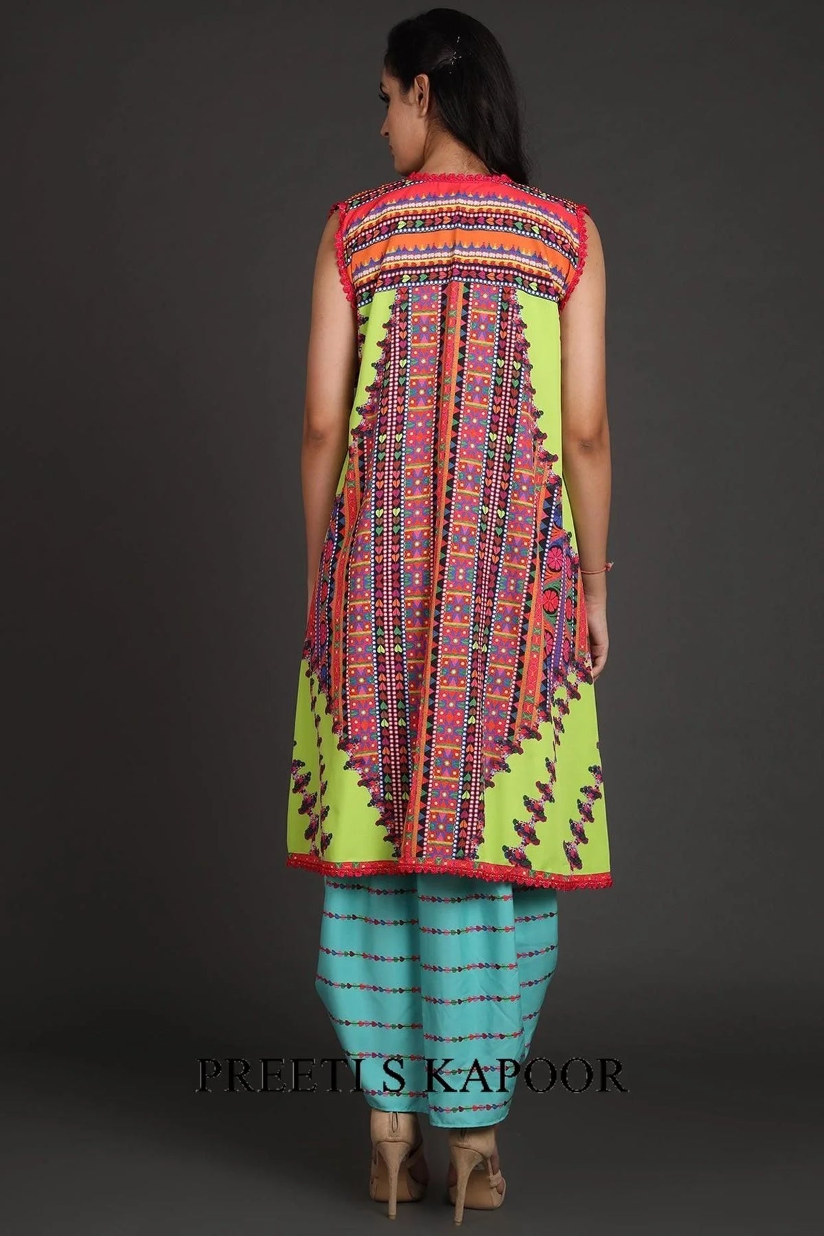 Turquoise & Green Printed Jacket Set With Belt - Preeti S Kapoor