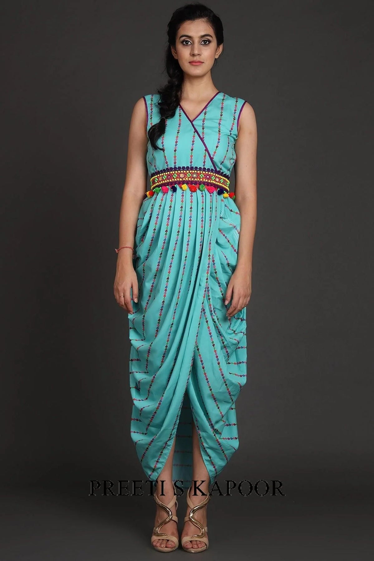 Turquoise & Green Printed Jacket Set With Belt - Preeti S Kapoor