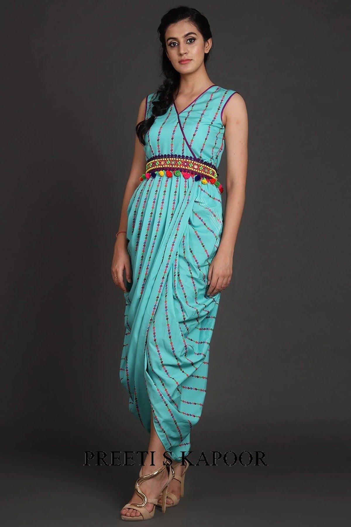 Turquoise & Green Printed Jacket Set With Belt - Preeti S Kapoor
