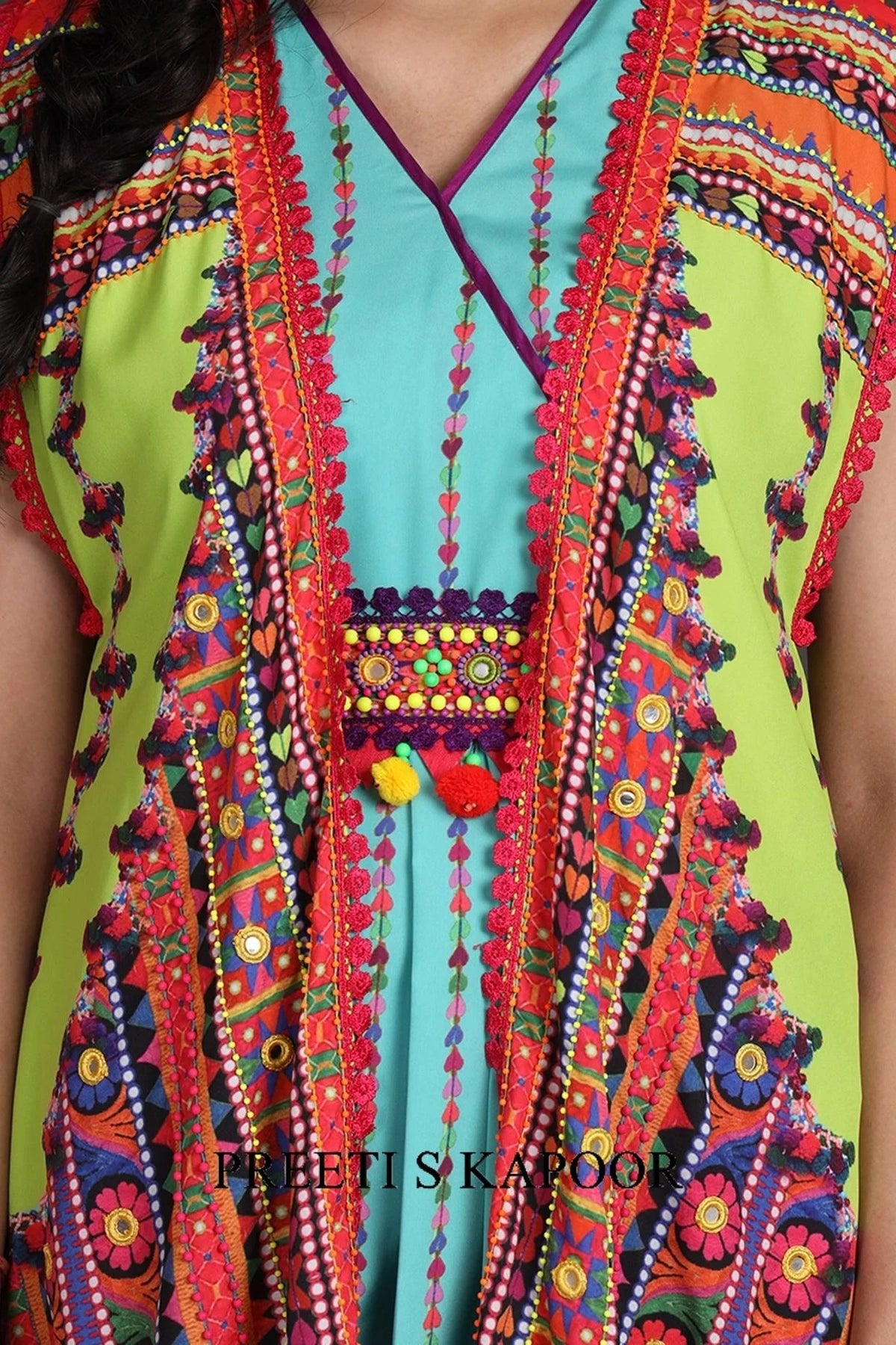 Turquoise & Green Printed Jacket Set With Belt - Preeti S Kapoor