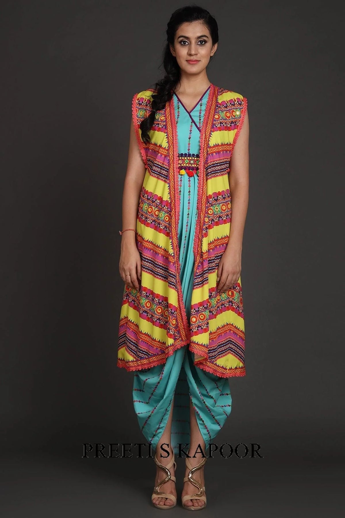 Turquoise & Yellow Printed Jacket Set With Belt - Preeti S Kapoor