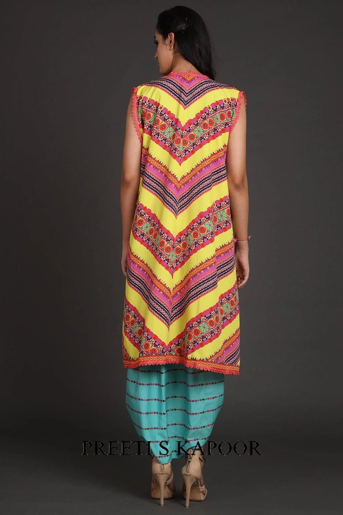 Turquoise & Yellow Printed Jacket Set With Belt - Preeti S Kapoor