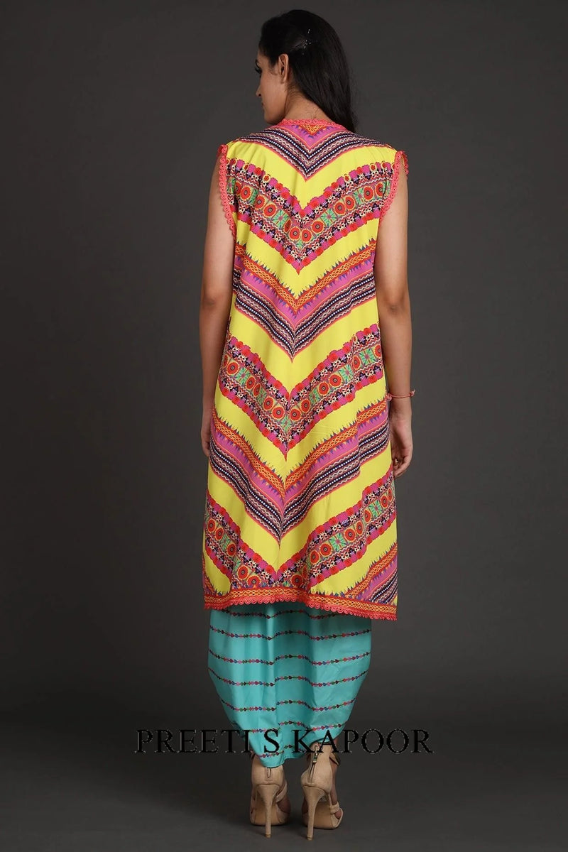Turquoise & Yellow Printed Jacket Set With Belt - Preeti S Kapoor