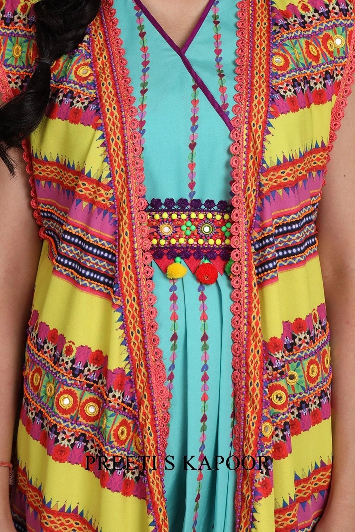Turquoise & Yellow Printed Jacket Set With Belt - Preeti S Kapoor