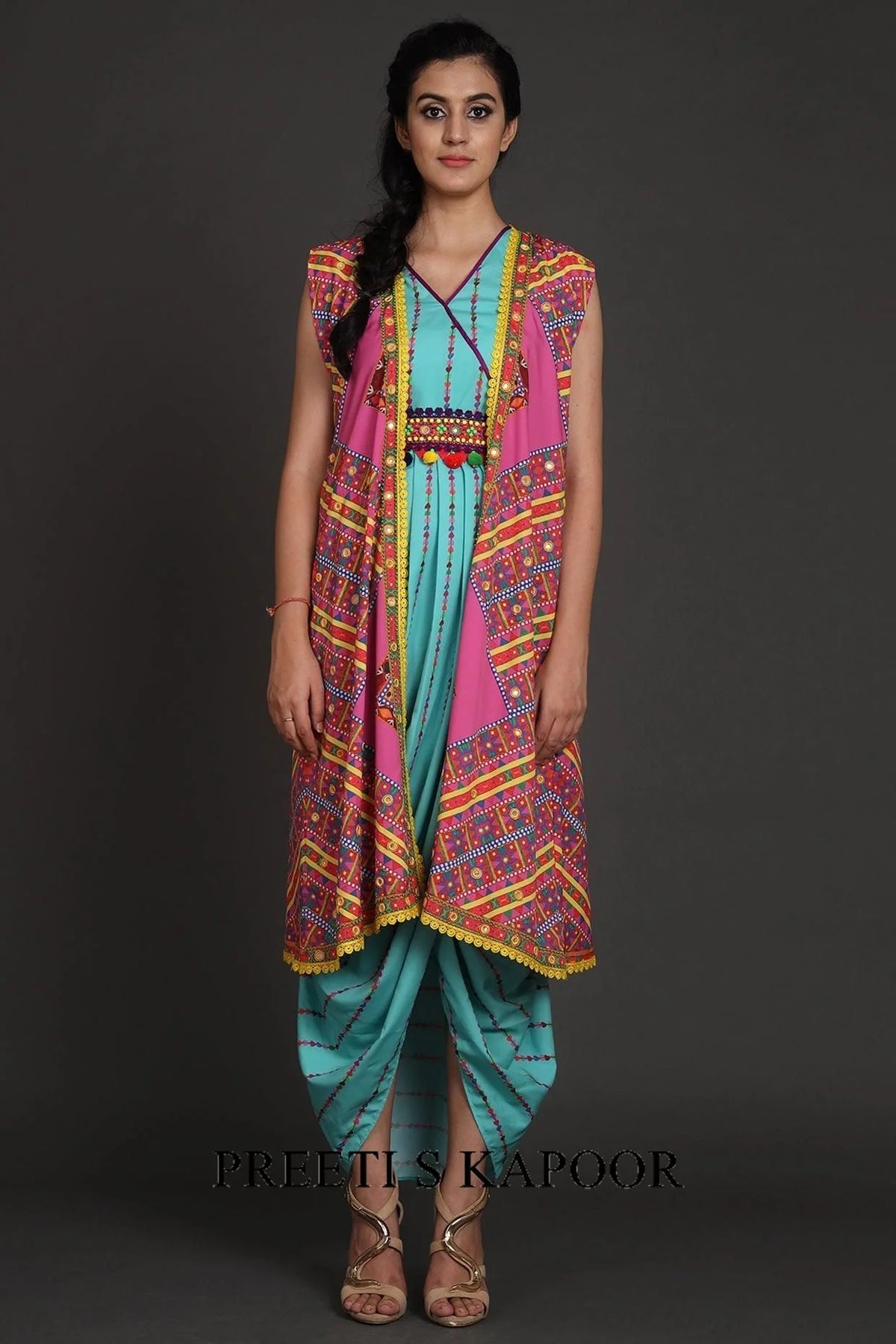 Turquoise & Pink Printed Jacket Set With Belt - Preeti S Kapoor