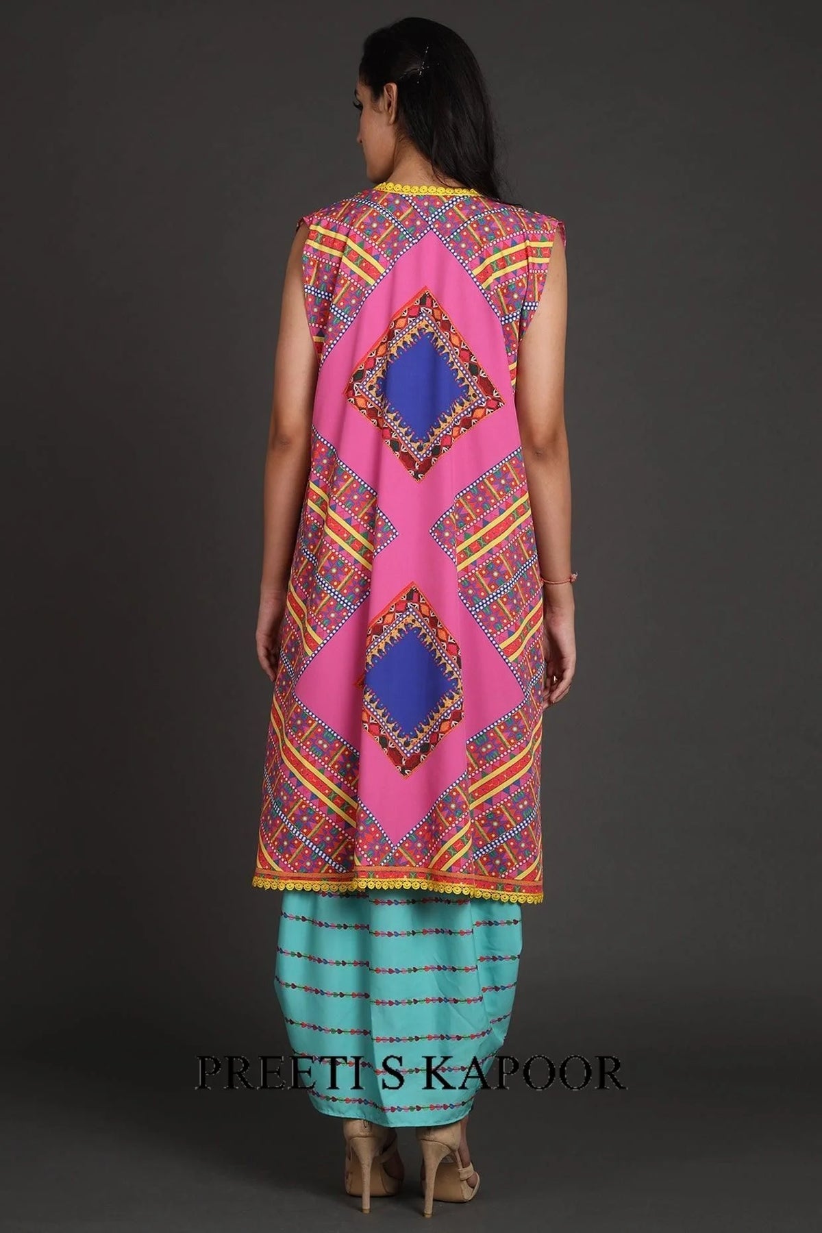 Turquoise & Pink Printed Jacket Set With Belt - Preeti S Kapoor