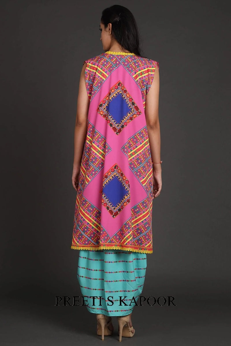 Turquoise & Pink Printed Jacket Set With Belt - Preeti S Kapoor
