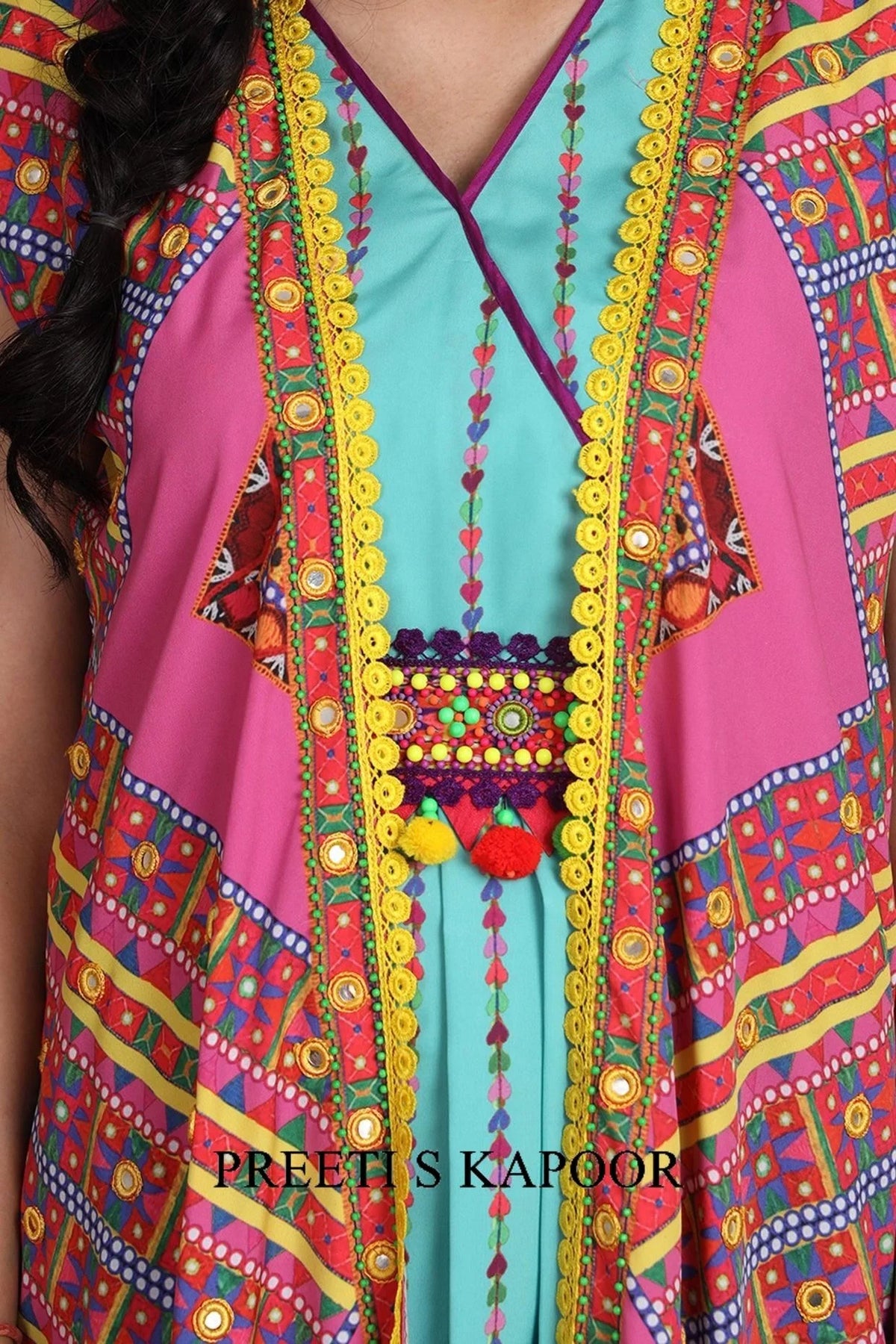 Turquoise & Pink Printed Jacket Set With Belt - Preeti S Kapoor