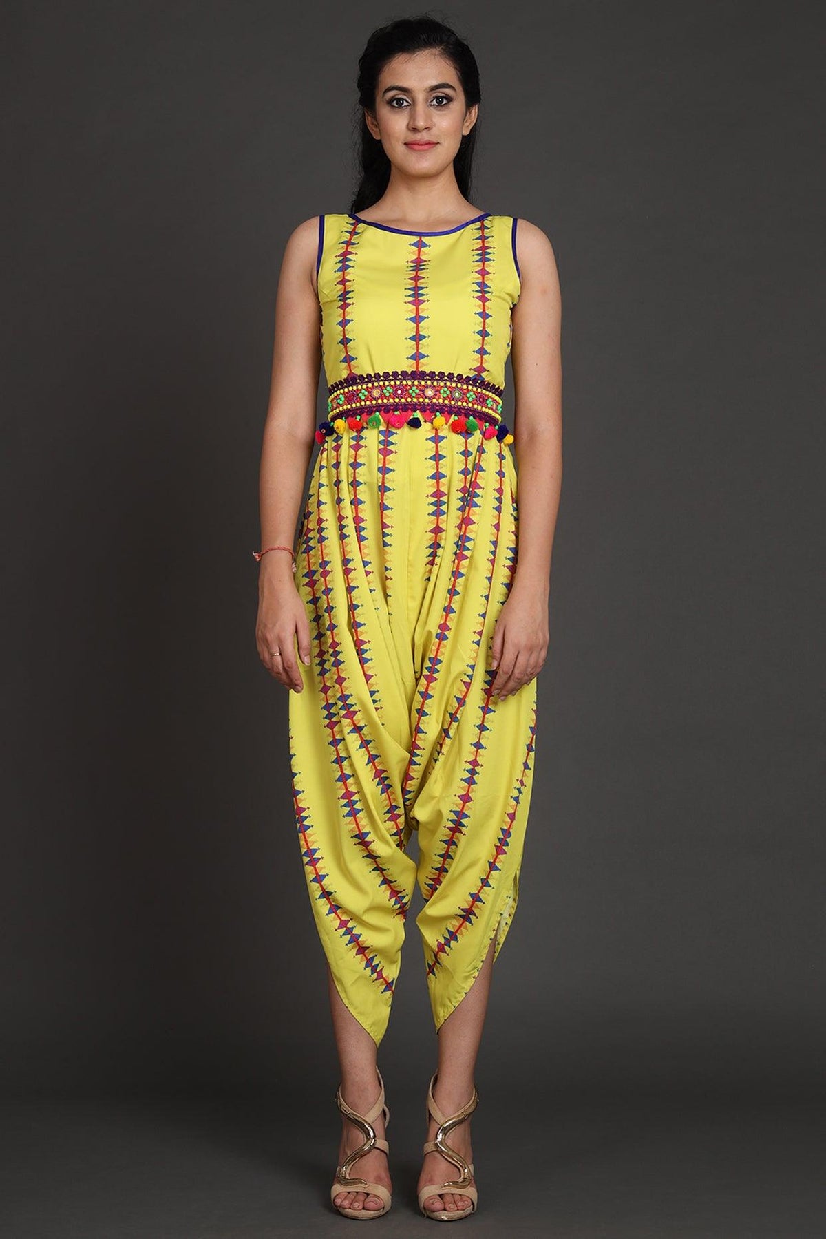 Yellow Printed Jacket With Jumpsuit & Belt - Preeti s kapoor