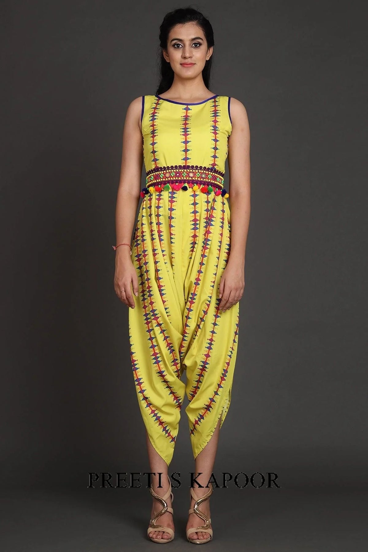 Yellow Printed Jacket With Jumpsuit & Belt - Preeti S Kapoor