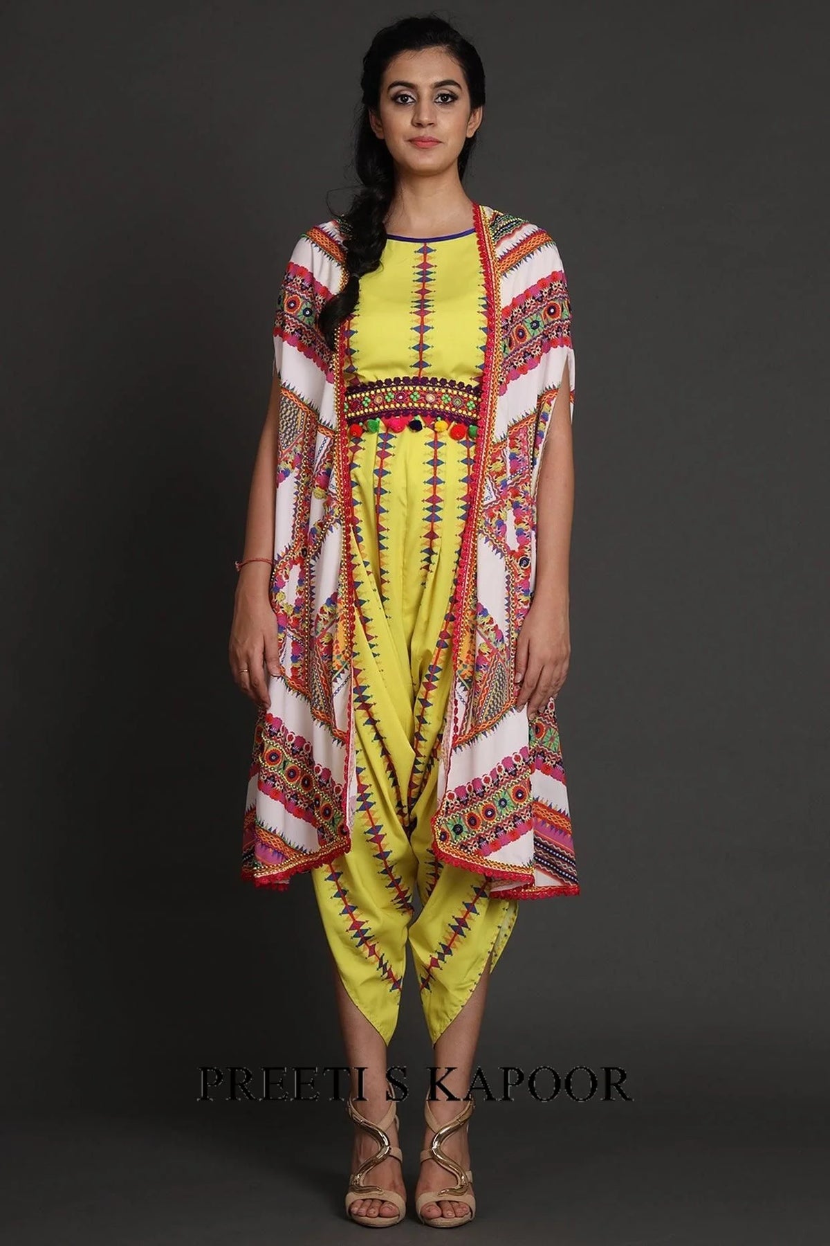 Yellow & White Printed Jacket Set With Belt - Preeti S Kapoor
