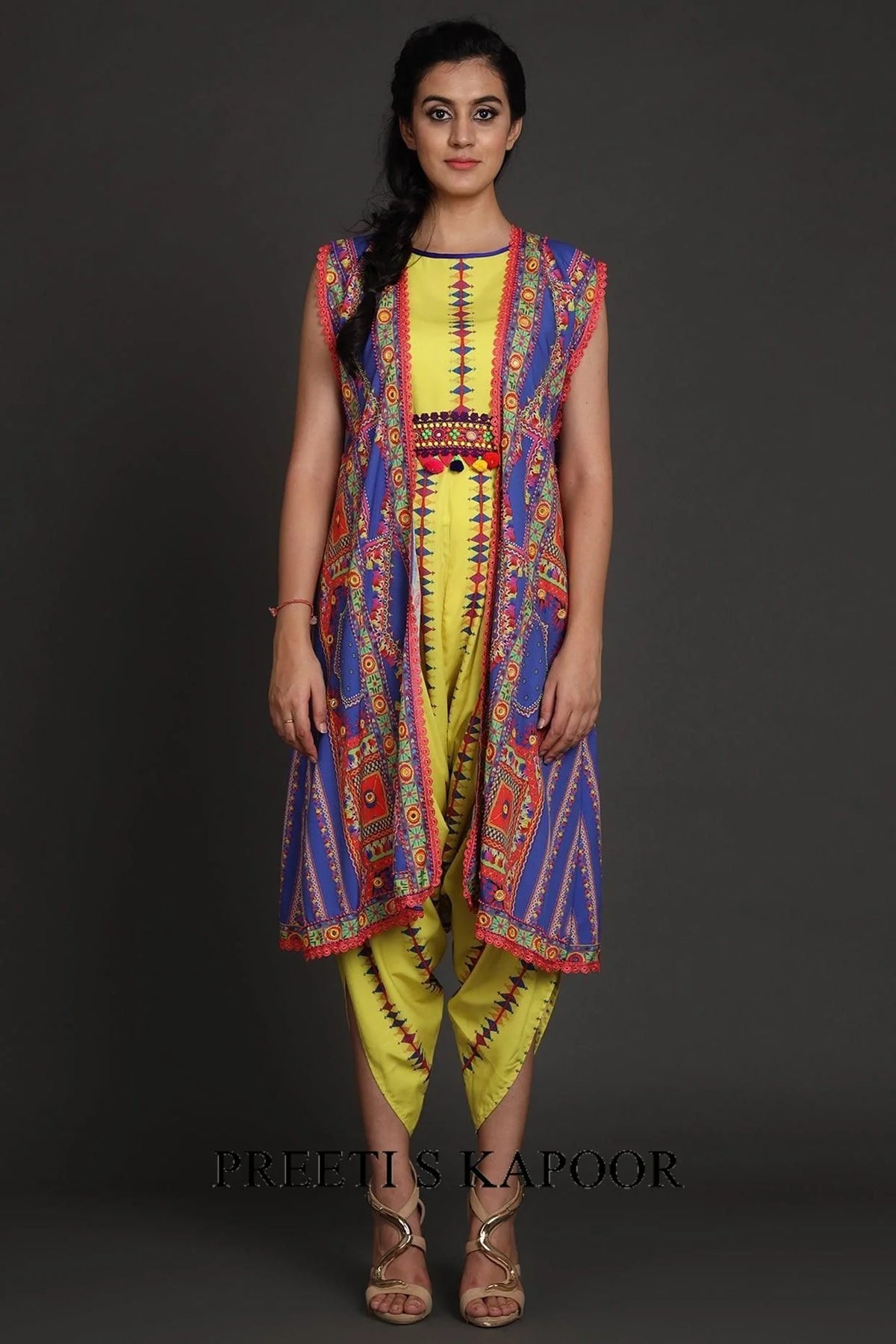 Yellow & Cobalt Blue Printed Jacket Set With Belt - Preeti S Kapoor