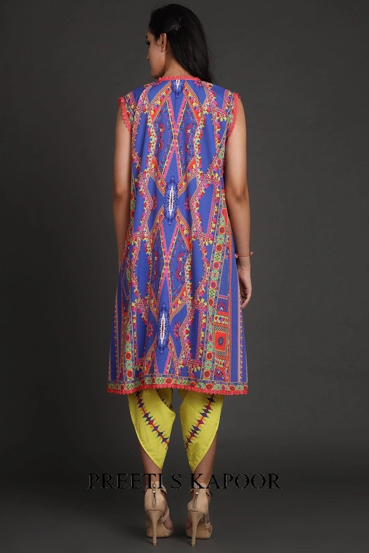 Yellow & Cobalt Blue Printed Jacket Set With Belt - Preeti S Kapoor