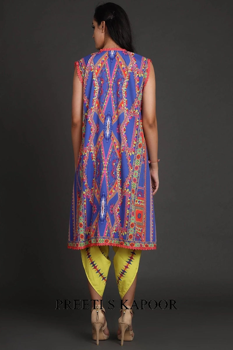Yellow & Cobalt Blue Printed Jacket Set With Belt - Preeti S Kapoor
