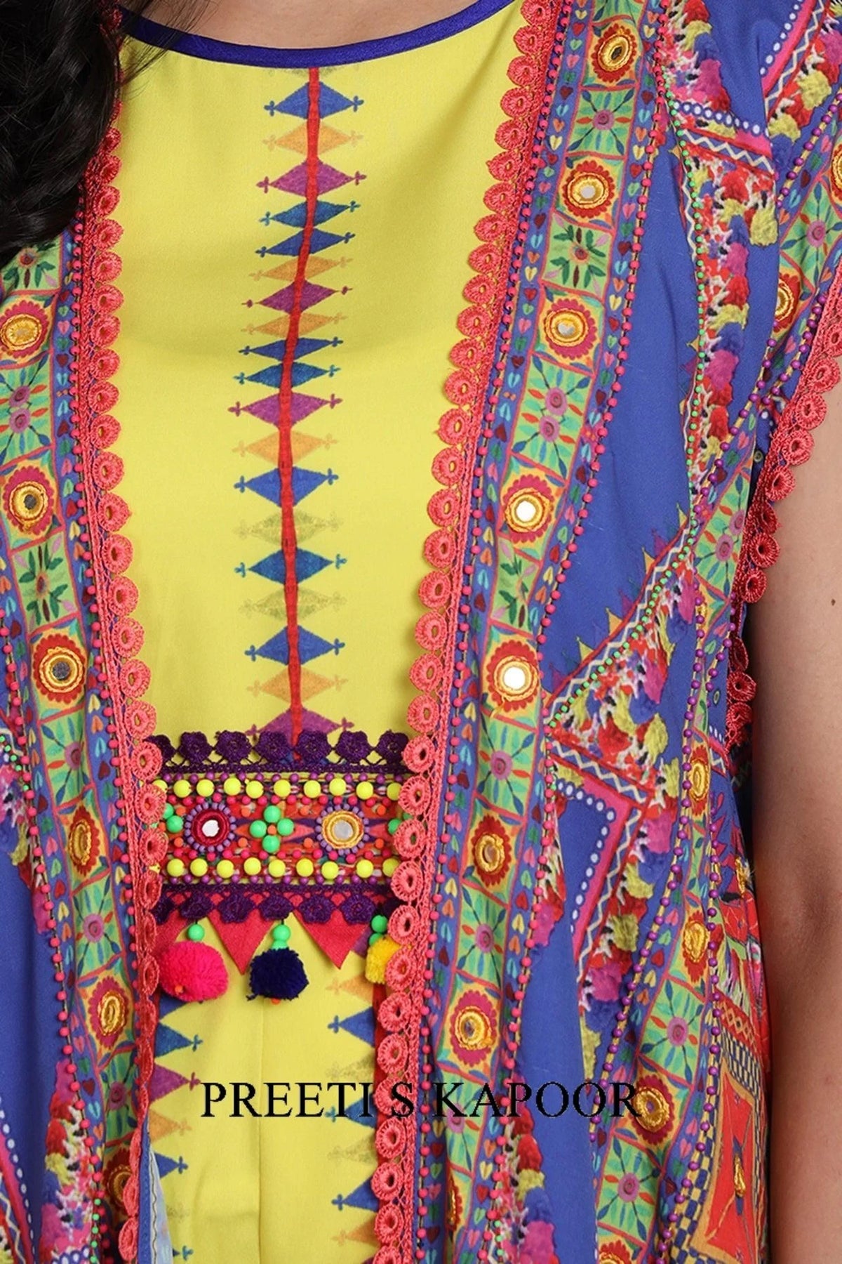 Yellow & Cobalt Blue Printed Jacket Set With Belt - Preeti S Kapoor