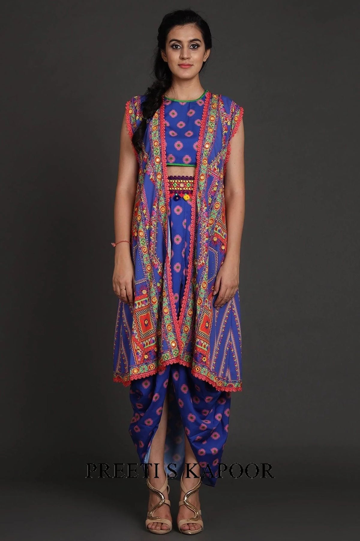 Cobalt Blue Printed Jacket Set With Belt - Preeti S Kapoor