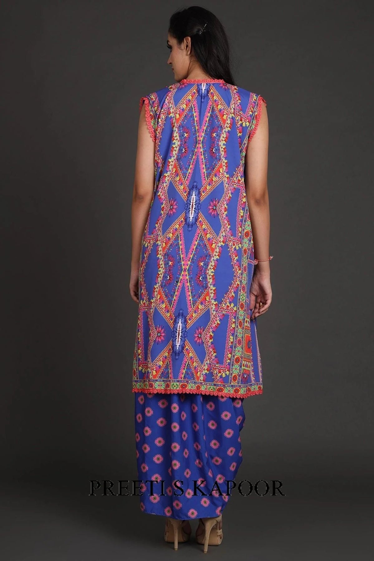 Cobalt Blue Printed Jacket Set With Belt - Preeti S Kapoor