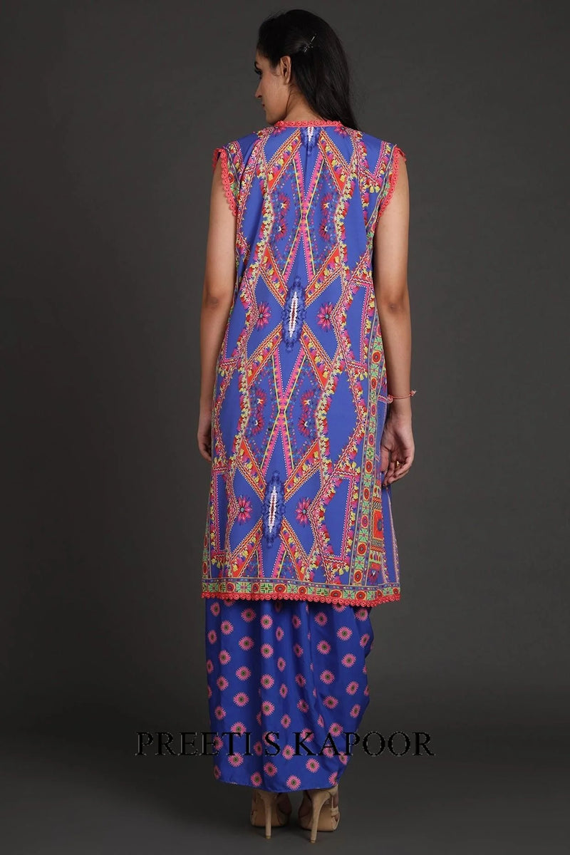 Cobalt Blue Printed Jacket Set With Belt - Preeti S Kapoor
