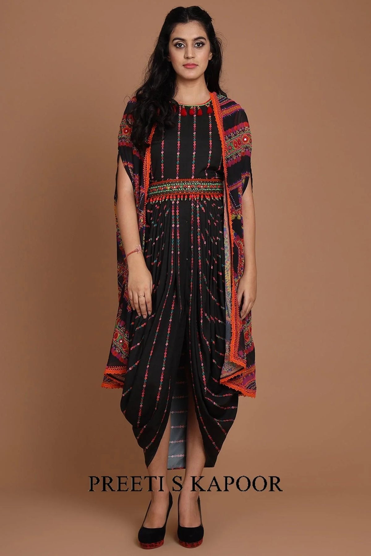 Black Printed & Embroidered Jacket Set With Belt - Preeti S Kapoor