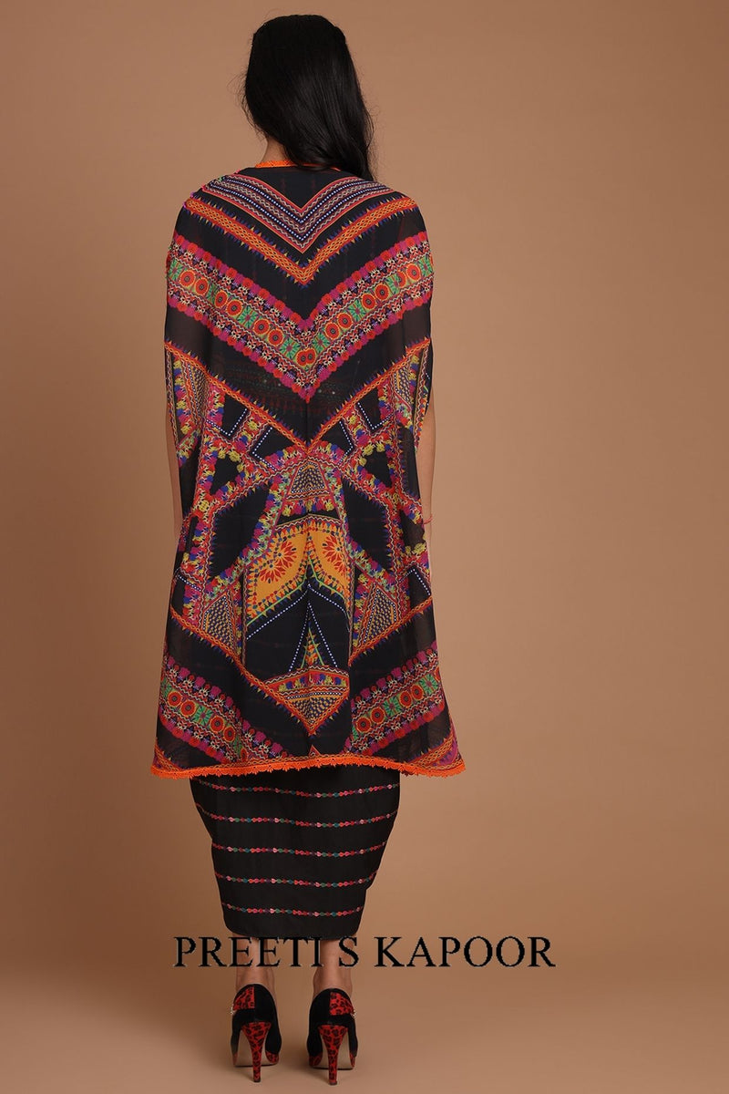 Black Printed & Embroidered Jacket Set With Belt - Preeti s kapoor