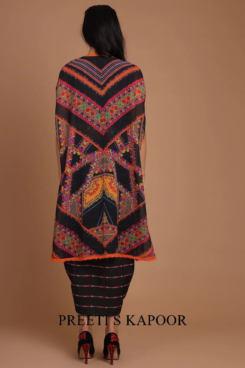 Black Printed & Embroidered Jacket Set With Belt - Preeti S Kapoor